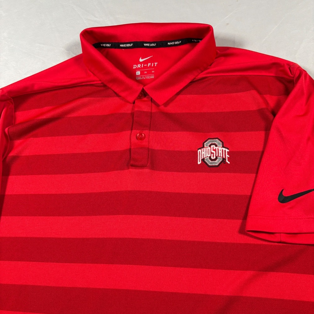 Nike Golf Polo Shirt Men XL Red Ohio State Buckeyes Striped Dri-FIT B1G Logo